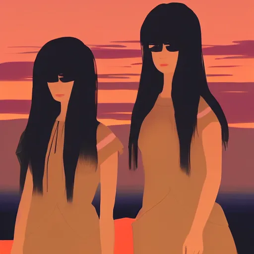 Prompt: 2 women standing side by side watching the sun go down by ilya kuvshinov