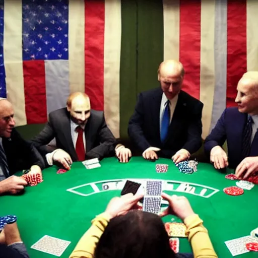 Image similar to Putin playing poker with Biden in a dark scary room, both are smoking, noir