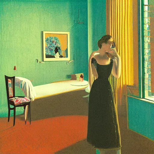 Image similar to a lonely girl in a liminal hotel room, baroque wallpaper, film still by david lynch, depicted by balthus, limited color palette, very intricate, art nouveau, highly detailed, lights by hopper, soft pastel colors, minimalist