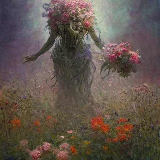 Prompt: a beautiful terrifying monster made of flowers. ethereal horror fantasy art by greg rutkowski and raymond swanland and monet