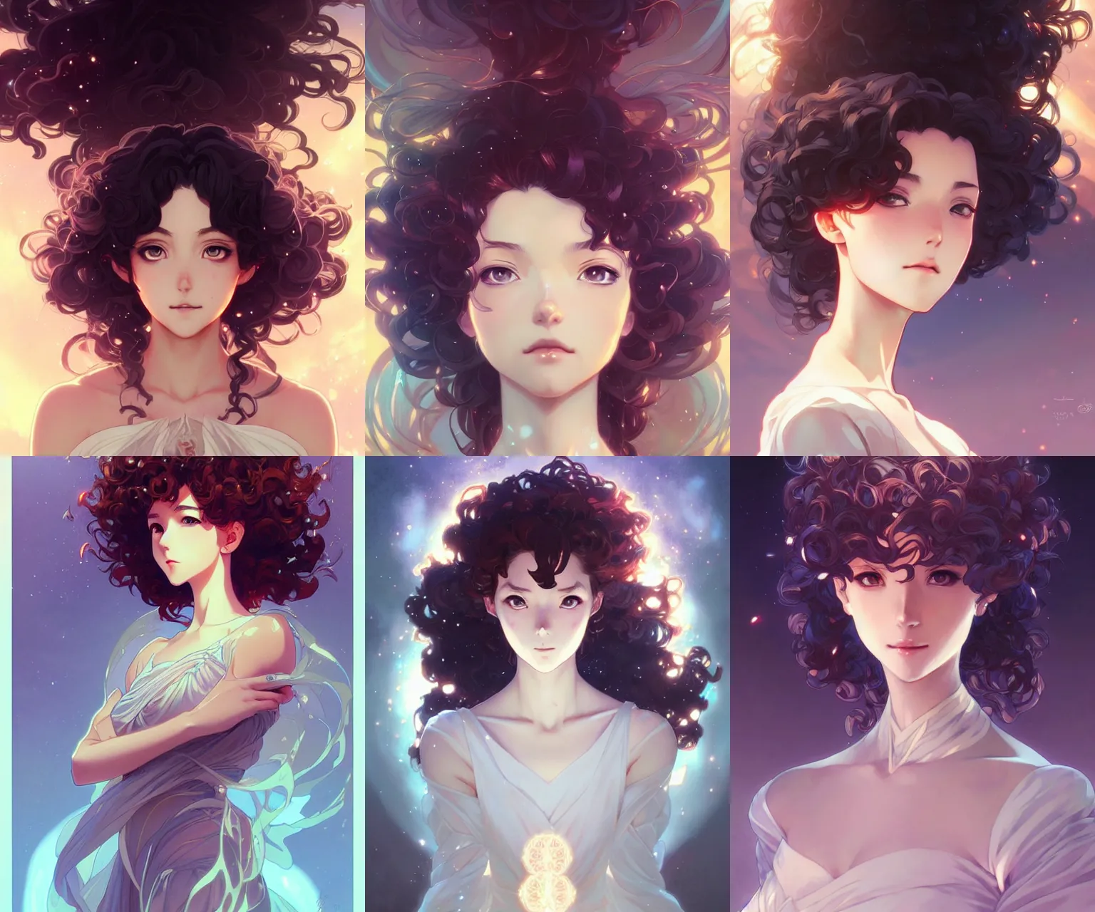 Prompt: anime portrait, intricate, elegant, astral dress, curly hair, digital painting, artstation, concept art, art by artgerm and greg rutkowski and alphonse mucha, style of makoto shinkai