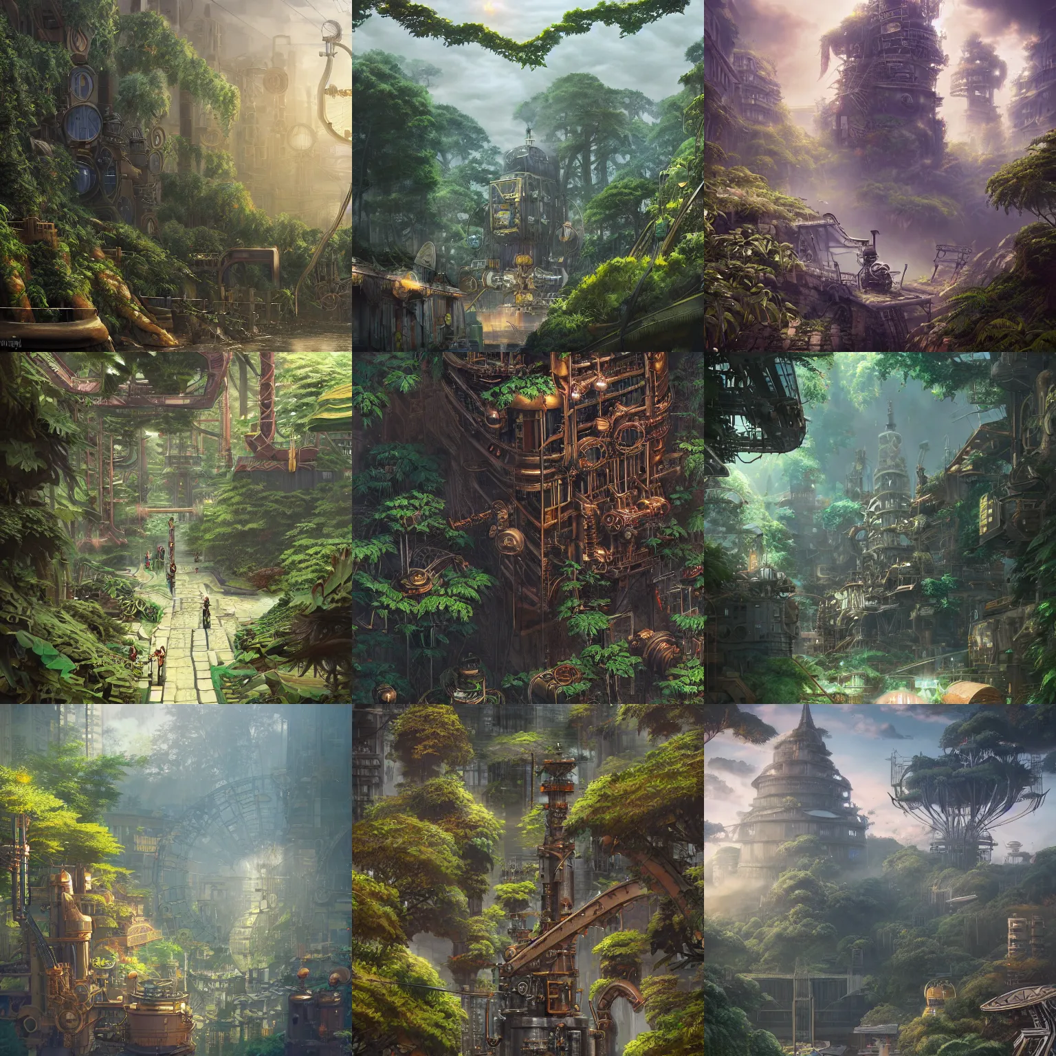 Prompt: city-sized steampunk machinery, steampunk art by noah bradley, Miyazaki tekkonkintreet Teikoku Shounen style, amazing Traditional Japanese style, lush vegetation and ferns, sun rays, octane render, trending on artstation, hyper detailed, cinematic