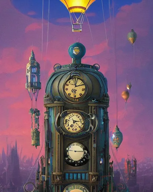 Image similar to a stunning fantasy scene of a steampunk hot - air balloon flying over an art deco city with a clock - tower | highly detailed | very intricate | disney pixar | steampunk | dramatic romantic epic breathtaking whimsical magical | bokeh moon stars | professional cinematic lighting | artdeco | painted by beeple and rhads and donato giancola | bold color palette | featured on artstation