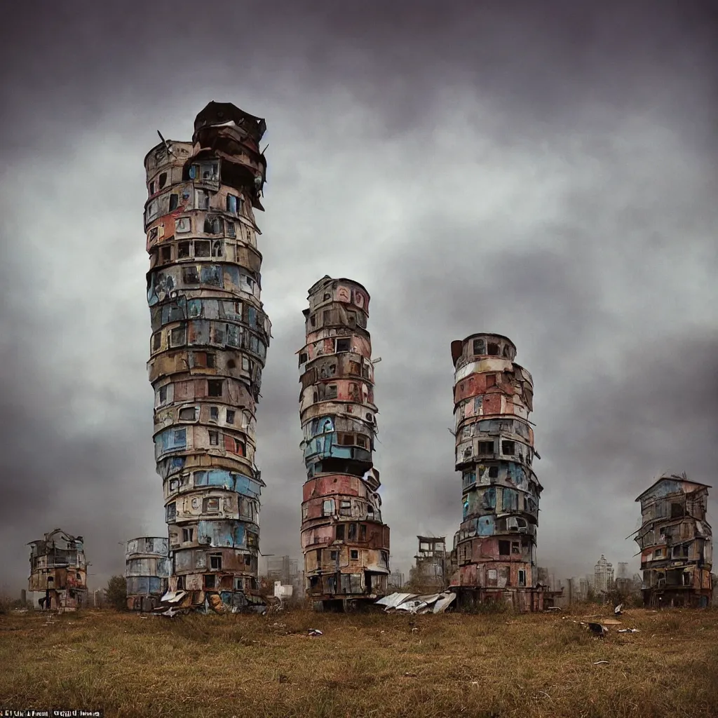 Image similar to circular towers, made up of makeshift squatter shacks with faded colours, apocalyptic sky, misty, dystopia, mamiya rb 6 7, fully frontal view, ultra sharp, very detailed, photographed by julie blackmon