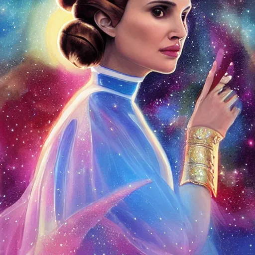 Image similar to a beautiful painting of a ornate highly detailed natalie portman as princess leia, nebulas in the background