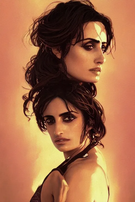 Prompt: a badass close-up portrait of penelope cruz, dramatic backlighting, golden hour, autochrome, high contrast, highly detailed, sharp focus, digital painting, concept art, illustration, filmpunk , trending on artstation, art by greg rutkowski and greg hildebrandt, composition by alphonse mucha