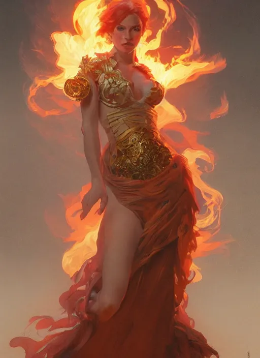 Prompt: a woman made of fire and smoke, full body view, beautiful high quality realistic fantasy art, trending on artstation by artgerm and greg rutkowski and alphonse mucha