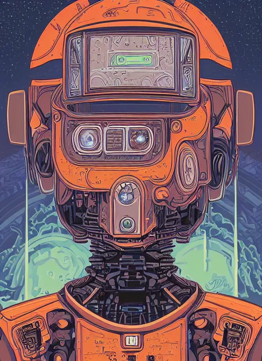 Image similar to an illustration of a portrait of a robot by dan mumford