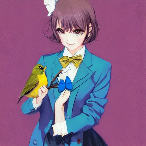 Prompt: colored pencil, anime art, beautiful full body female pinup girl, she is holding an indigo bunting bird, in her hand, the bird is wearing a bowtie, wlop, rossdraws sakimimichan, ilya kuvshinov, krenz cushart, greg rutkowski