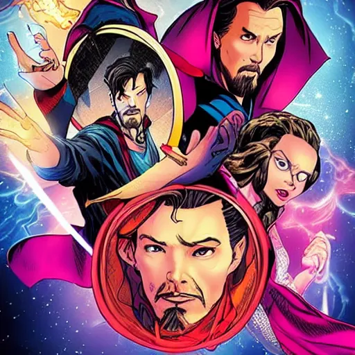 Image similar to Doctor Strange teams up with a mysterious teenage girl from his dreams who can travel across multiverses, to battle multiple threats, including other-universe versions of himself, which threaten to wipe out millions across the multiverse. They seek help from Wanda the Scarlet Witch, Wong and others.