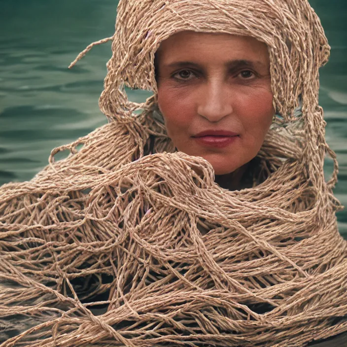 Prompt: closeup portrait of a woman with a cloak made of ribbons and twine, sitting in water, by Annie Leibovitz and Steve McCurry, natural light, detailed face, CANON Eos C300, ƒ1.8, 35mm, 8K, medium-format print