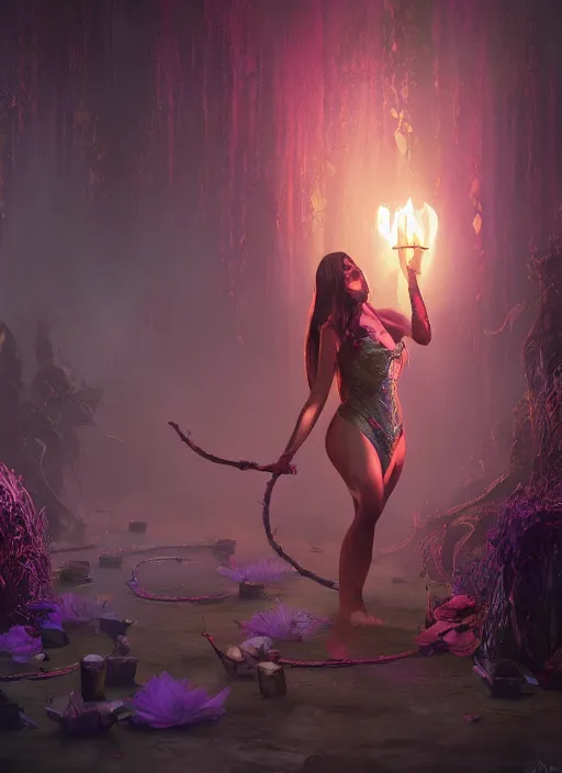 Image similar to enchanted cult girl performing ritual, concept art, elegent, magic background, character portrait, dynamic lighting, octane render aesethic, matte painting, gaudy colors, detailed