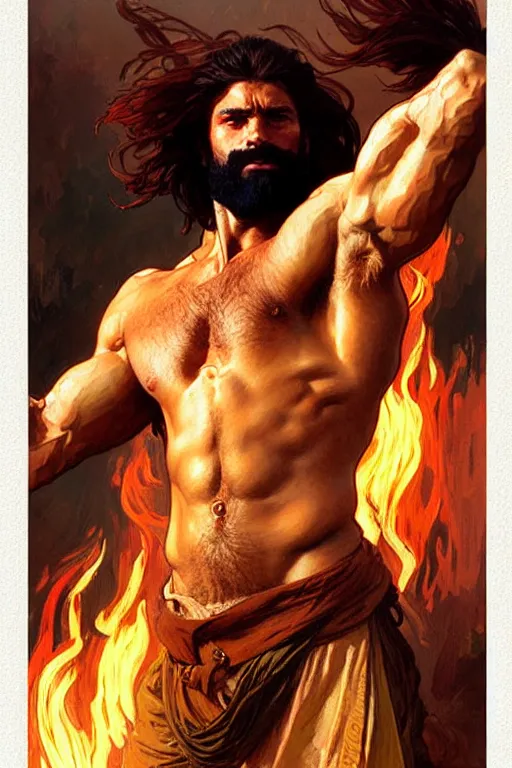 Prompt: A man with beard, hair like fire, muscular, warrior, painting by greg rutkowski and alphonse mucha