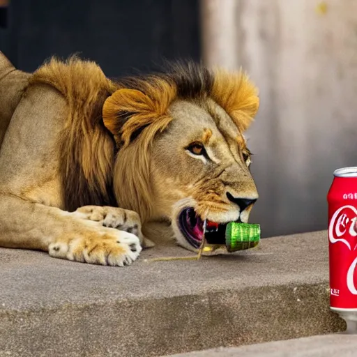 Prompt: a lion eating a can of coca cola