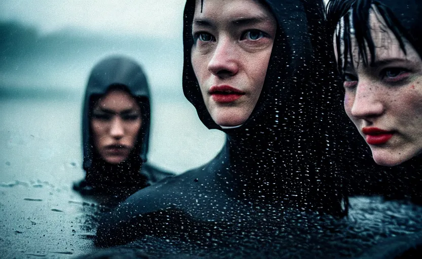 Image similar to cinestill 5 0 d candid photographic portrait by christopher nolan of two loving female androids wearing rugged black mesh techwear in treacherous waters, extreme closeup, modern cyberpunk moody emotional cinematic, pouring rain, 8 k, hd, high resolution, 3 5 mm, f / 3 2, ultra realistic faces, ex machina