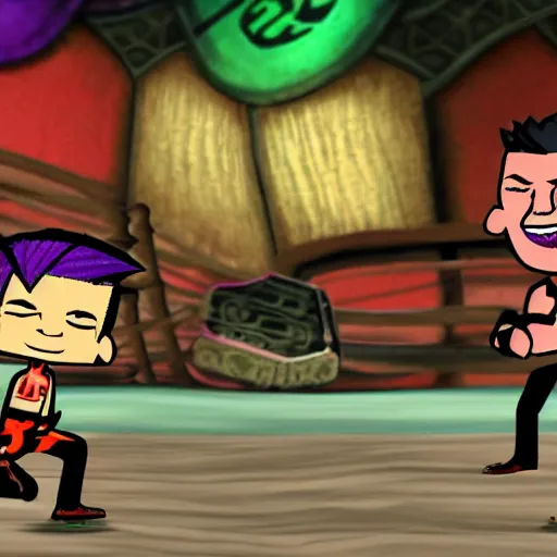 Image similar to character screenshot of ufc sean o'malley in psychonauts, rainbow hair dreadlocks, ps 3 video game, dream world, 7 2 0 p, cutscene, cartoony designed by scott campbell