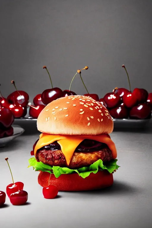 Image similar to mcdonalds hamburger covered in cherries, commercial photography