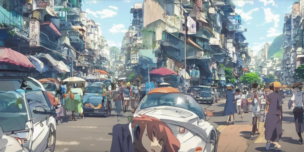 Image similar to rio de janeiro streets in an anime film, directed by makoto shinkai, street level, cinematic