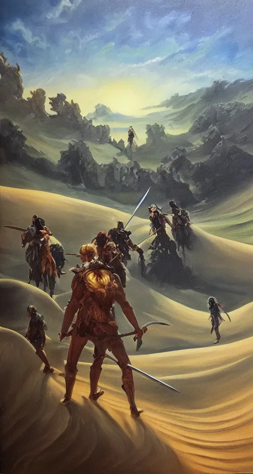 Image similar to oil painting of four sword wielding adventures traveling through a dune, 4 k, detailed, landscape