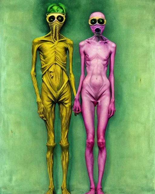 Prompt: Two skinny figures wearing gas masks sharing an oxygen tank, draped in silky gold, pink and green, in a decayed hospital room in the style of Francis Bacon, Esao Andrews, Zdzisław Beksiński, Edward Hopper, surrealism, art by Takato Yamamoto and James Jean