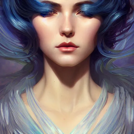 Prompt: goddess, blue hair, intricate, elegant, ethereal, highly detailed, retro, digital painting, artstation, concept art, smooth, sharp focus, full body shot, illustration, art by artgerm and greg rutkowski and alphonse mucha