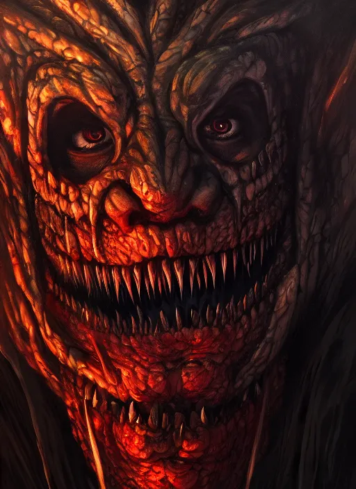 Image similar to close up portrait of a monster in the mountains of hell, sharp teeth, oil painting by tomasz jedruszek, cinematic lighting, pen and ink, intricate line, hd, 4 k, million of likes, trending on artstation