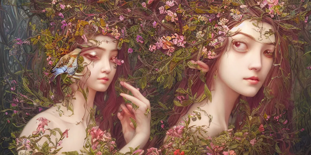 Image similar to breathtaking detailed concept art painting of the goddess of moth, orthodox saint, with anxious, piercing eyes, ornate background, amalgamation of leaves and flowers, by Hsiao-Ron Cheng, James jean, Miho Hirano, Hayao Miyazaki, extremely moody lighting, 8K