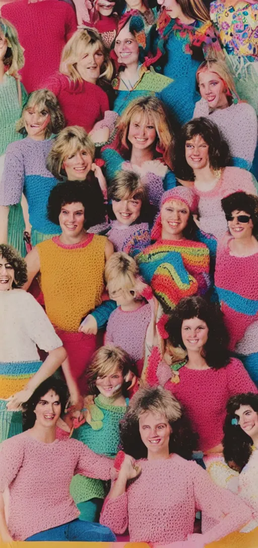 Prompt: multicolored crocheted party, 1 9 8 0 s catalogue photo