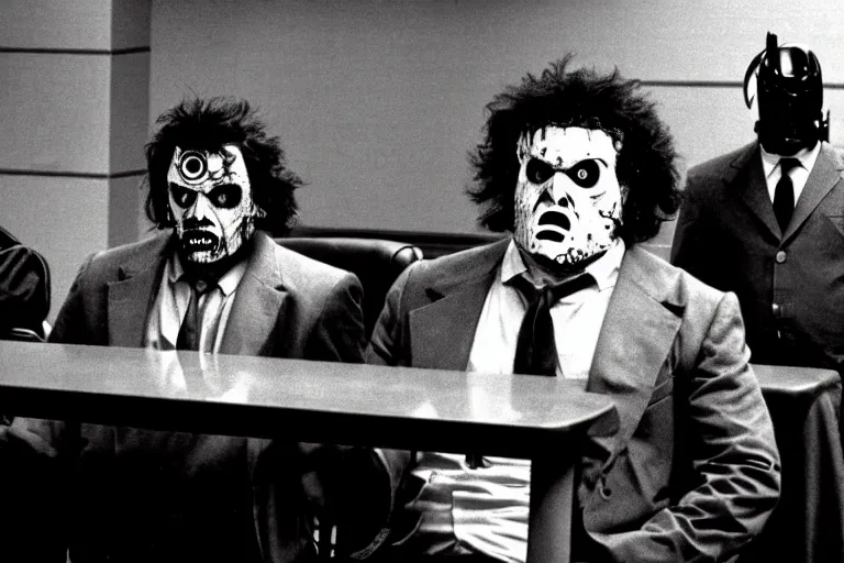 Image similar to leatherface in court testifying against robocop, detailed facial expressions