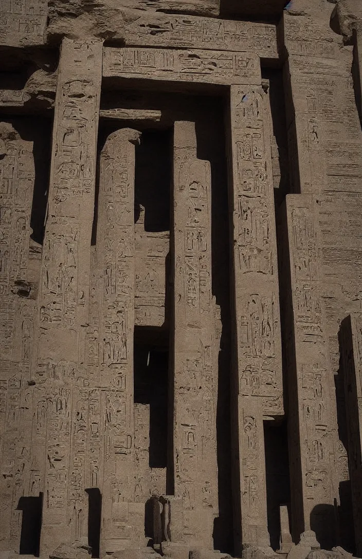 Prompt: punisher symbol is giant arching entrance and pillars in the form of the punisher icon into ancient egyptian temple with luminous smoke and light rays.