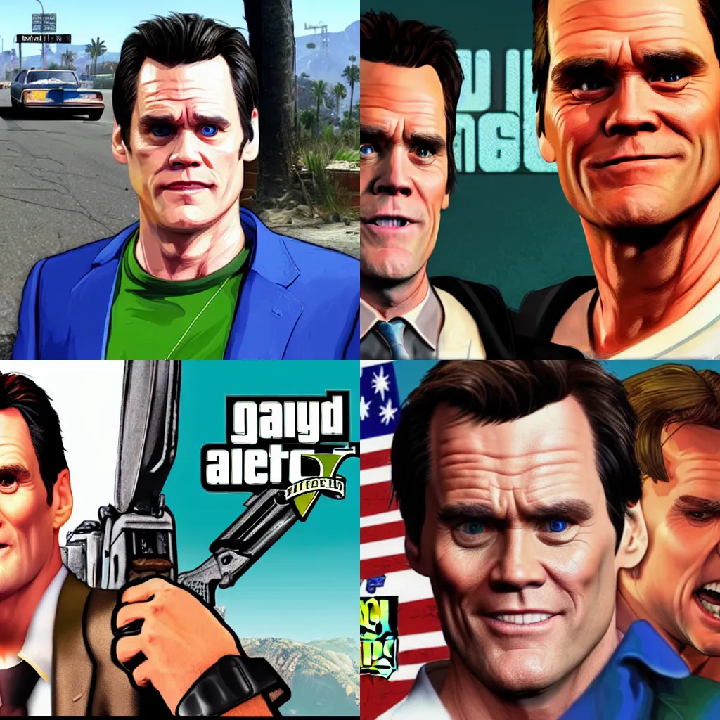 Prompt: jim carrey in gta 5 box art and loading screen style