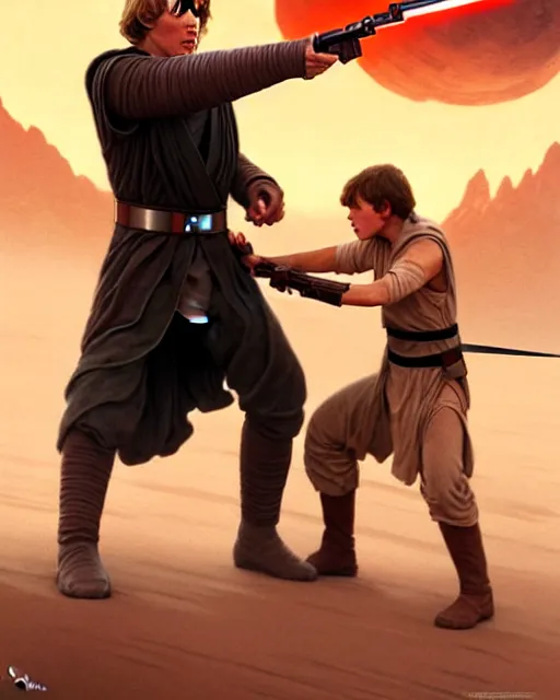 Prompt: luke skywalker fighting in tatooine, fantasy character portrait, ultra realistic, concept art, intricate details, highly detailed by james bamaruan jia and mandy jurgens and artgerm and william adolphe bouguereau and frank frazetta