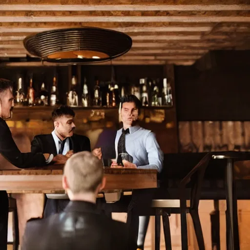 Image similar to a group of cute puppies wearing three piece suits having a discussion inside of a bar, 8k, cinematic, detailed,