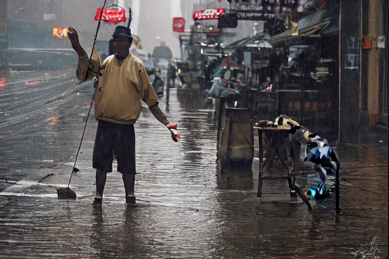 Prompt: fisherman with fishing rods catching and holding fish in a rainy new york street, photograph, natural light, sharp, detailed face, magazine, press, photo, Steve McCurry, David Lazar, Canon, Nikon, focus
