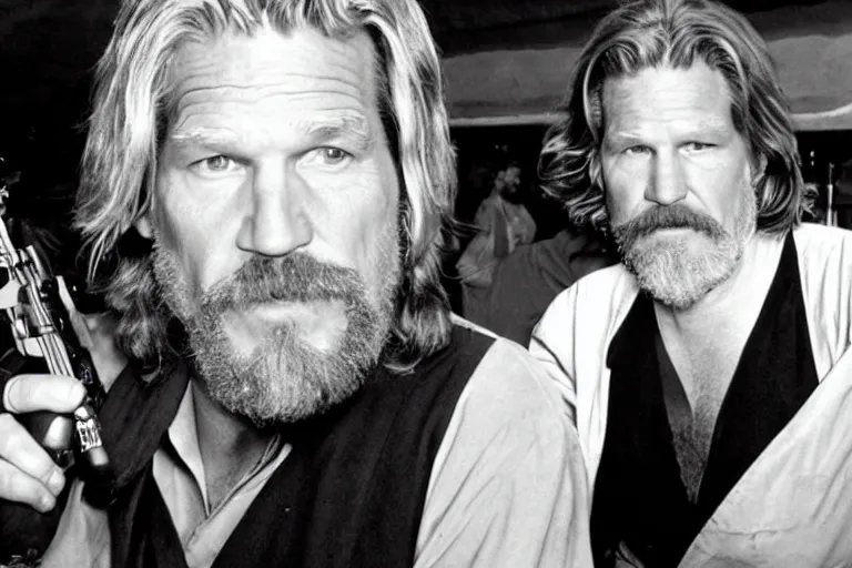 Image similar to Jeff Bridges from The Big Lebowski, bowling, in the Mos Eisley Cantina from Star Wars