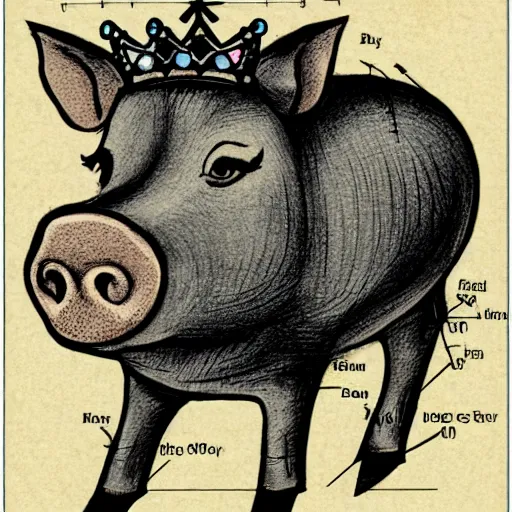 Image similar to walking pig wearing crown technical drawing