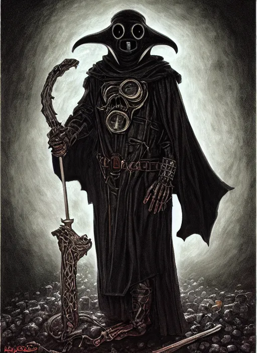Prompt: an amphibious humanoid wearing a black plague doctor mask, wearing black medieval robes, style by donato giancola, wayne reynolds, jeff easley dramatic light, high detail, cinematic lighting, artstation, dungeons and dragons