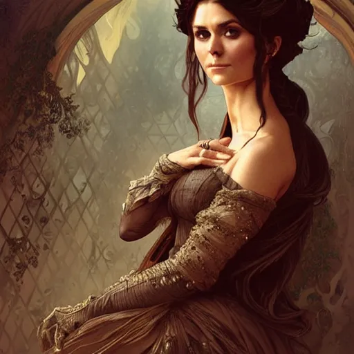 Image similar to Nina Dobrev dressed in a victorian fashion, D&D, fantasy, intricate, elegant, highly detailed, digital painting, artstation, concept art, matte, sharp focus, illustration, art by Artgerm and Greg Rutkowski and Alphonse Mucha