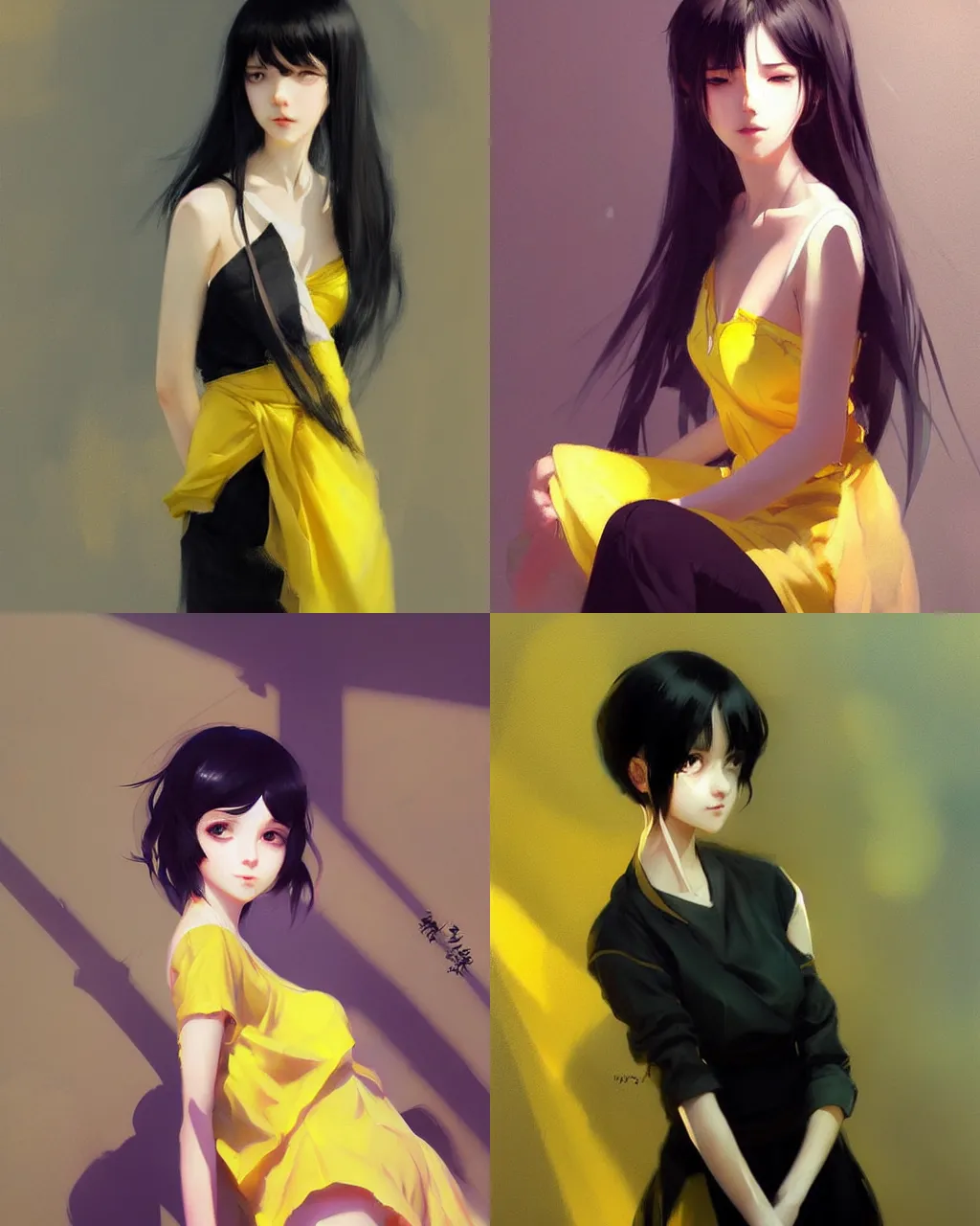 Prompt: girl with black hair and yellow dress, half - length photo, illustration, rim light, perfectly shaded, soft painting, art by wlop and krenz cushart and wenjun lin