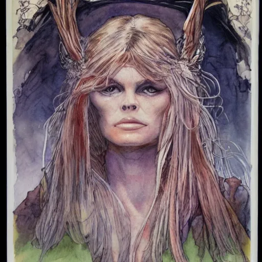 Image similar to a realistic and atmospheric watercolour fantasy character concept art portrait of brigitte bardot as a druidic warrior wizard looking at the camera with an intelligent gaze by rebecca guay, michael kaluta, charles vess and jean moebius giraud