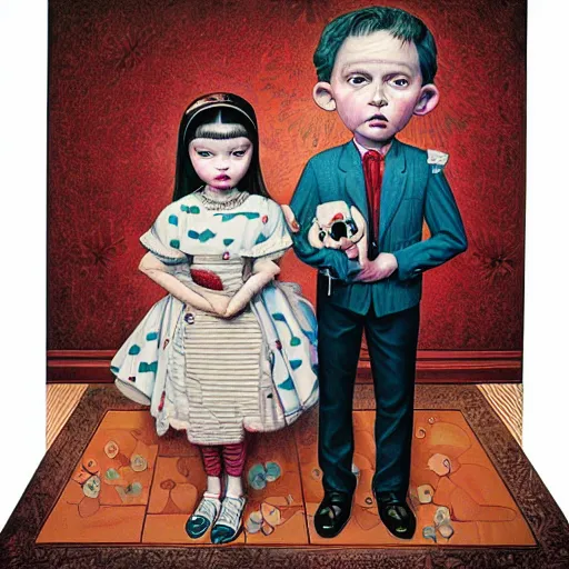 Image similar to a couple and their child portrait, living room wall background, lowbrow art pop surrealism art style, by Mark Ryden and Hikari Shimoda