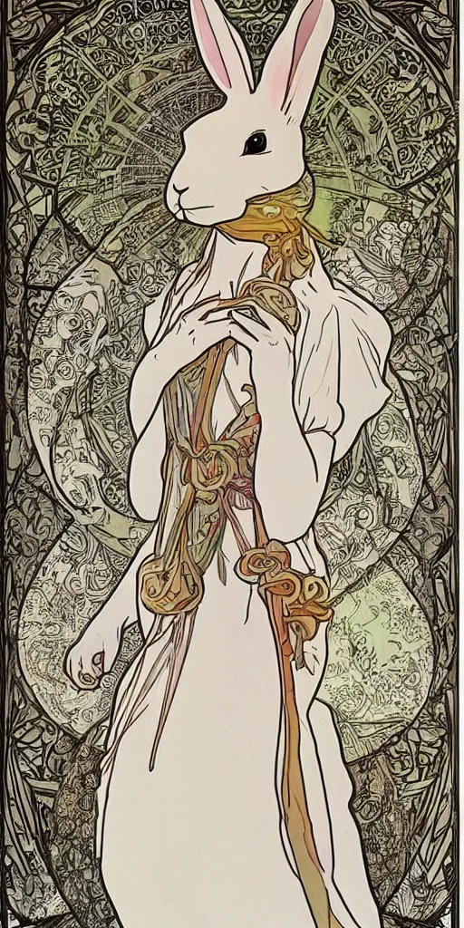 Prompt: a rabbit wearing a white dress in the style of mucha