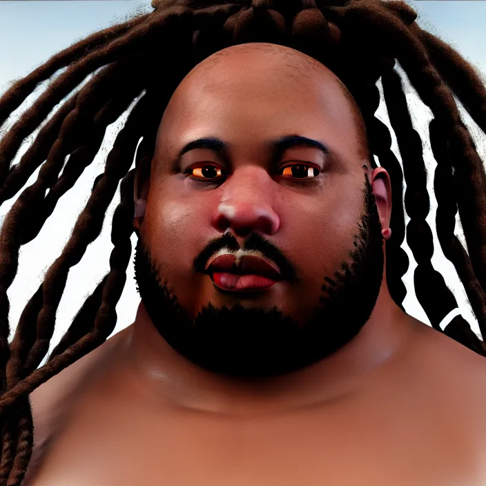 Image similar to hyperrealistic mixed media portrait of an overweight black man with dreads wearing a gi, doing martial arts, 8 k octane beautifully detailed render, post - processing, extremely hyperdetailed, trending on artstation