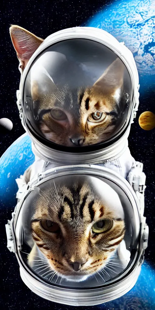 Prompt: a feline astronaut returning to our solar system from a distant galaxy