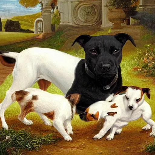 Image similar to black pitbull meets a brown and white Jack russell terrier at the gates of heaven, oil paining, detailed