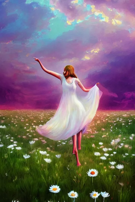 Image similar to giant white daisy flower veil, girl dancing in a flower field, surreal photography, sunrise, dramatic light, impressionist painting, colorful clouds, digital painting, artstation, simon stalenhag