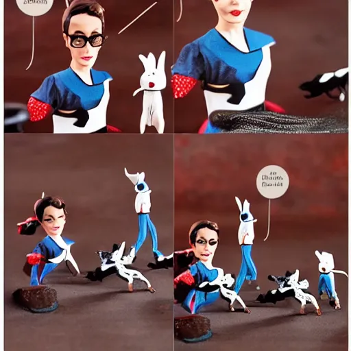 Prompt: audrey hepburn cos play walking 5 small dogs, stop motion vinyl action figure, plastic, toy, butcher billy style