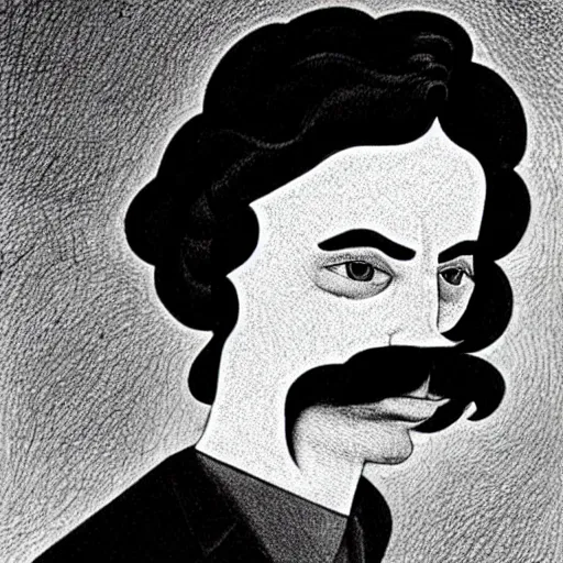 Image similar to young man, long hair!!!!, short facial hair, no mustache, dark green eyes, dark eyebrows, light widows peak light facial hair, in the style of mauritz cornelis escher, in - frame