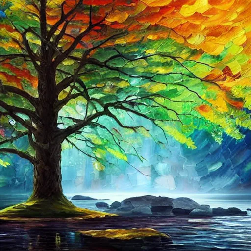 Image similar to A beautiful, highly detailed, very realistic oil painting of a single tree with rainbow leaves, next to a small river, glowing bright blue in the middle of a huge, very dark cave, with lots of dark grey rocks, oil painting by Afremov and Greg Rutkowski.