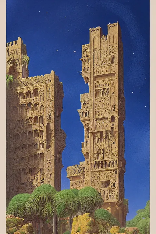 Image similar to ancient carved tower of the moon in its gardens fairytale illustration, elaborate latticed balconies, tall windows, moorish architecture, formal gardens, dramatic cinematic lighting, soft colors, golden age illustrator, unreal engine, by Ludwig Deutsch and William Dyce and April Gornik and (Maxfield Parrish and Nicholas Roerich)